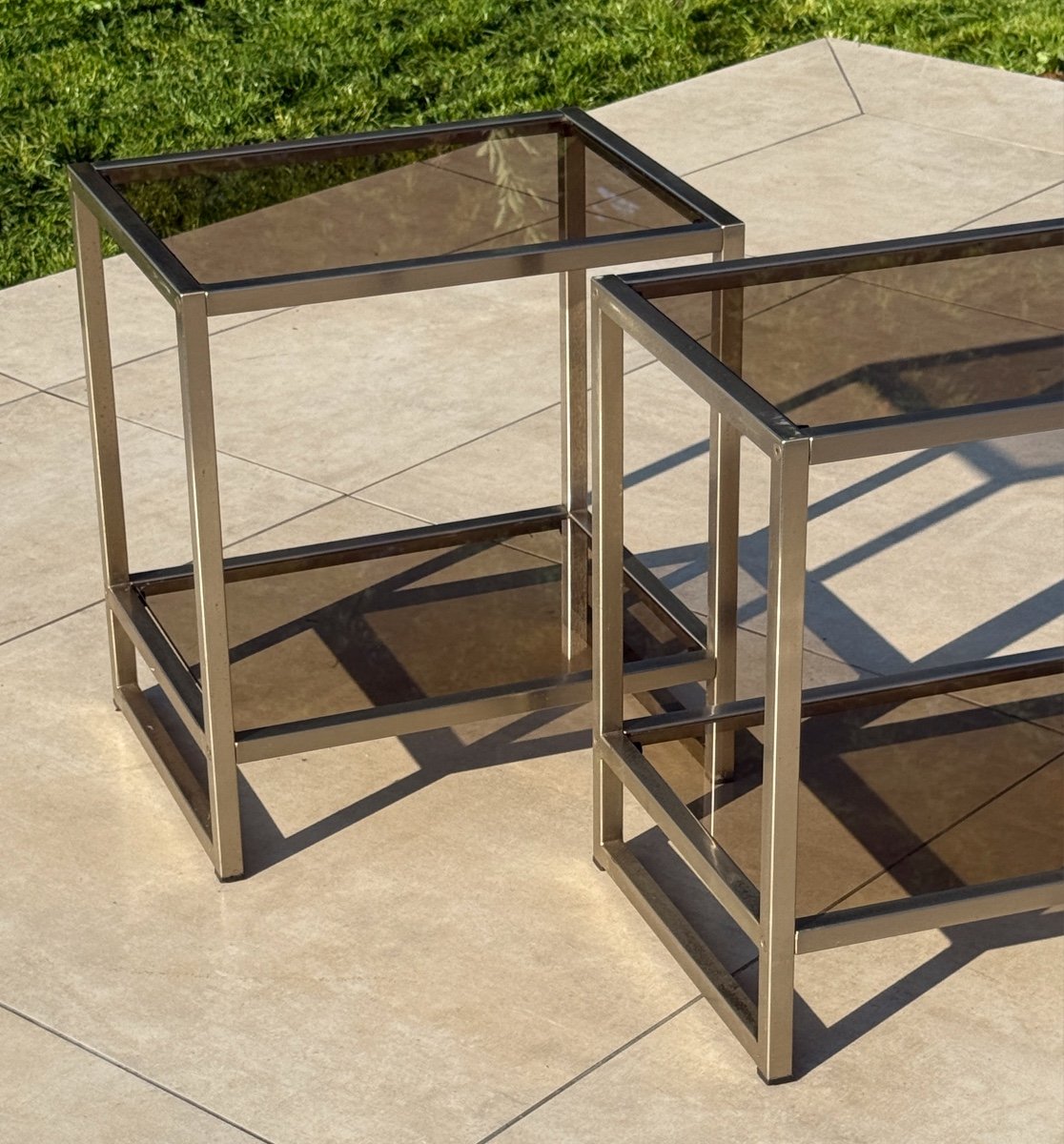 Maison Jansen, Pair Of Brushed Steel Side Tables Circa 1970