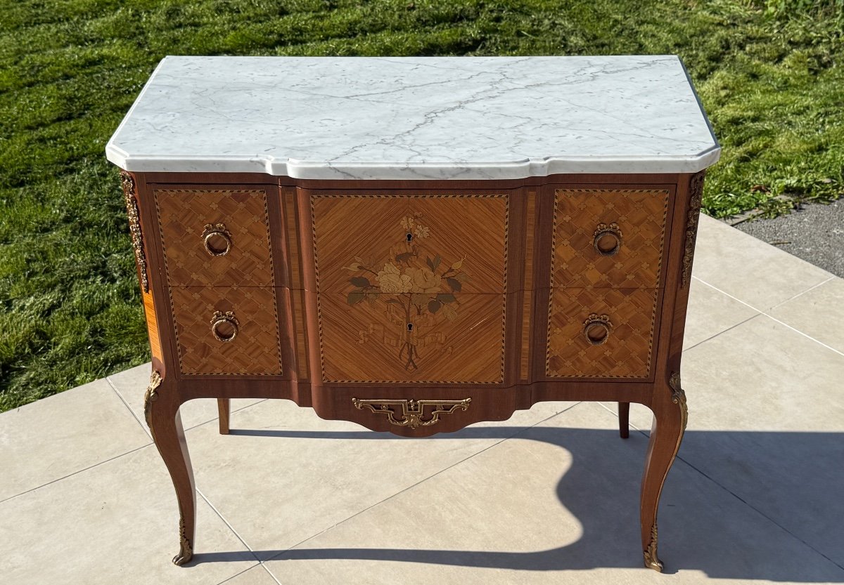 Francois Daide, Transition Style Marquetry Chest Of Drawers Stamped Circa 1920-photo-2