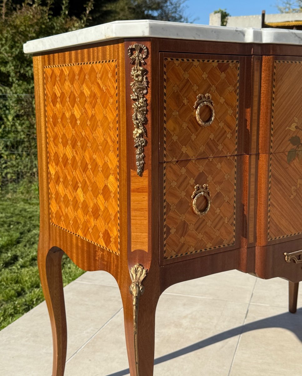 Francois Daide, Transition Style Marquetry Chest Of Drawers Stamped Circa 1920-photo-3