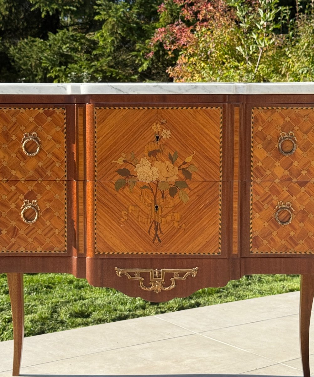 Francois Daide, Transition Style Marquetry Chest Of Drawers Stamped Circa 1920-photo-4