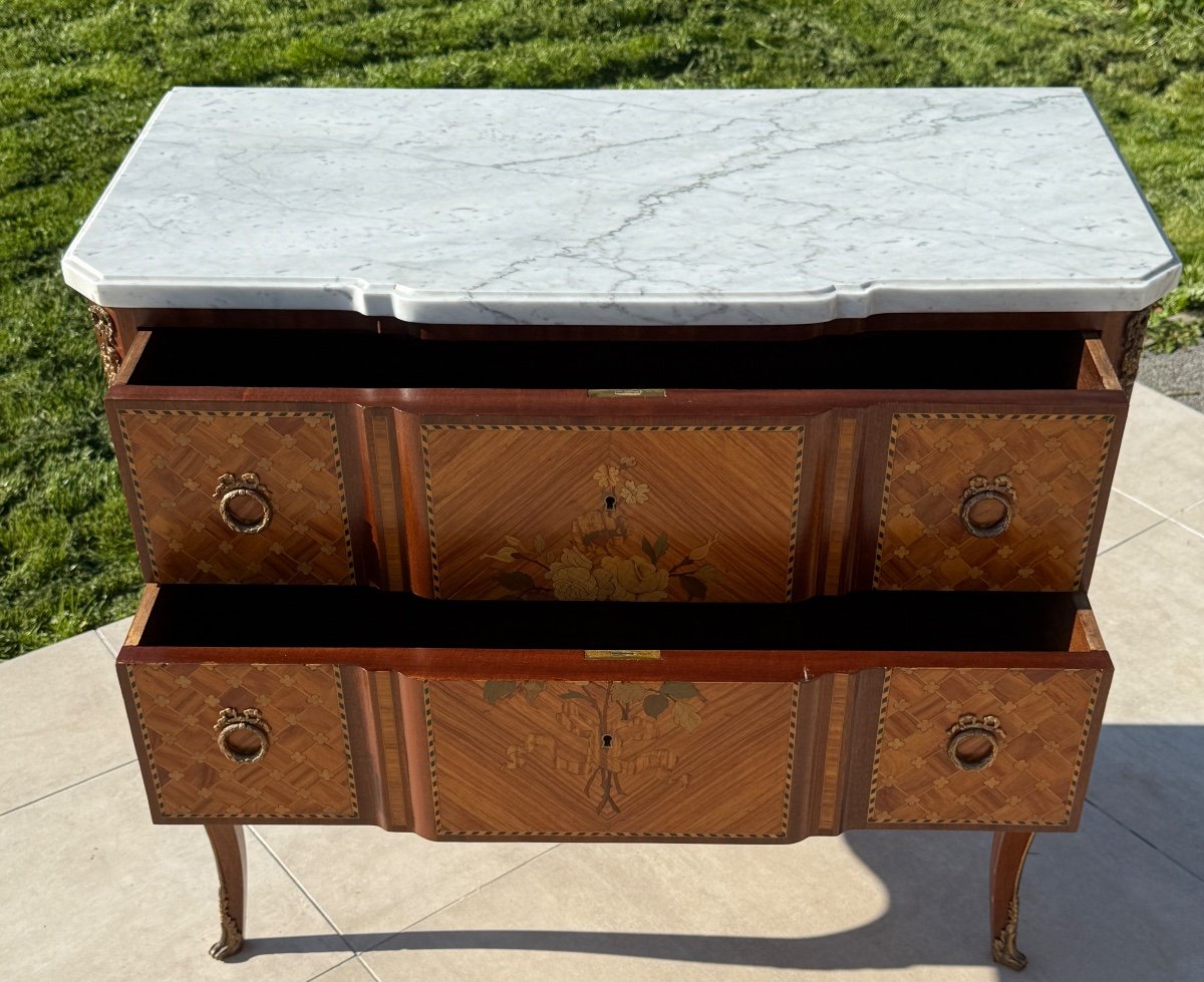 Francois Daide, Transition Style Marquetry Chest Of Drawers Stamped Circa 1920-photo-3