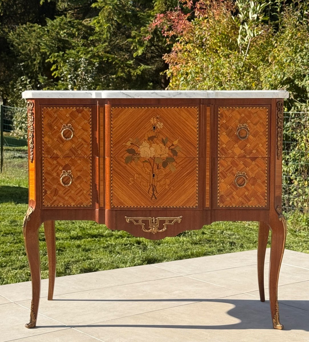 Francois Daide, Transition Style Marquetry Chest Of Drawers Stamped Circa 1920