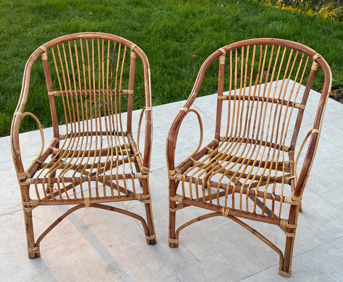 Paire De Fauteuils En Rotin Et Bambou Circa 1960-photo-2