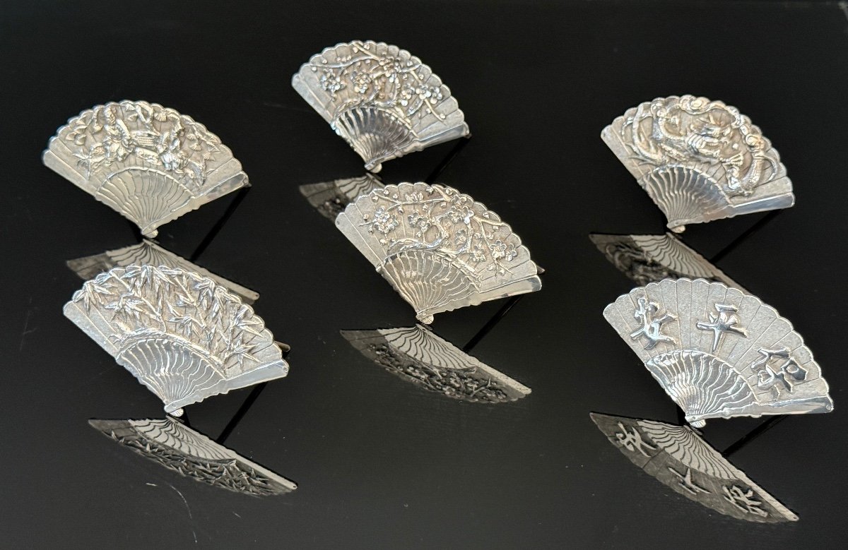 Wang Hing, Set Of Six 19th Century Silver Table Name Holders-photo-3