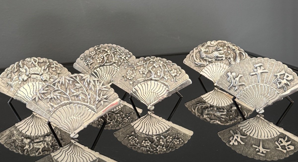 Wang Hing, Set Of Six 19th Century Silver Table Name Holders