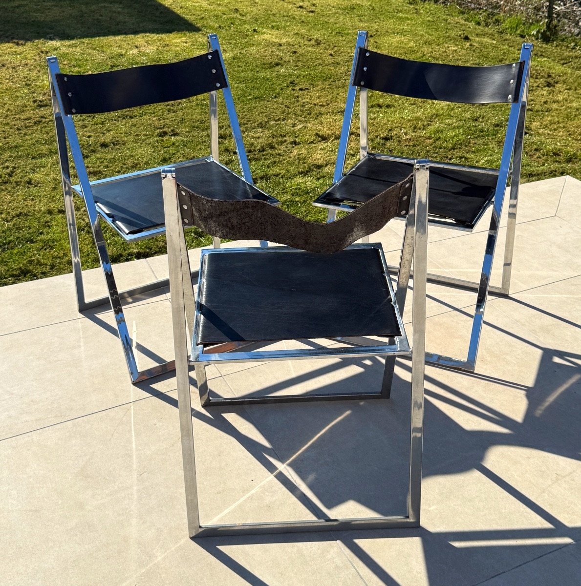 Fontoni & Geraci, Set Of 3 Elios Chrome Leather Chairs Circa 1970-photo-3