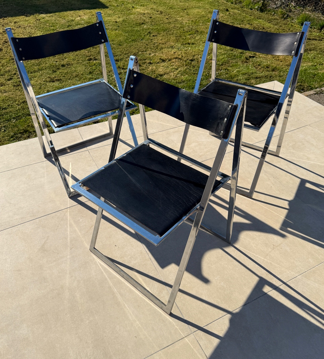 Fontoni & Geraci, Set Of 3 Elios Chrome Leather Chairs Circa 1970-photo-3