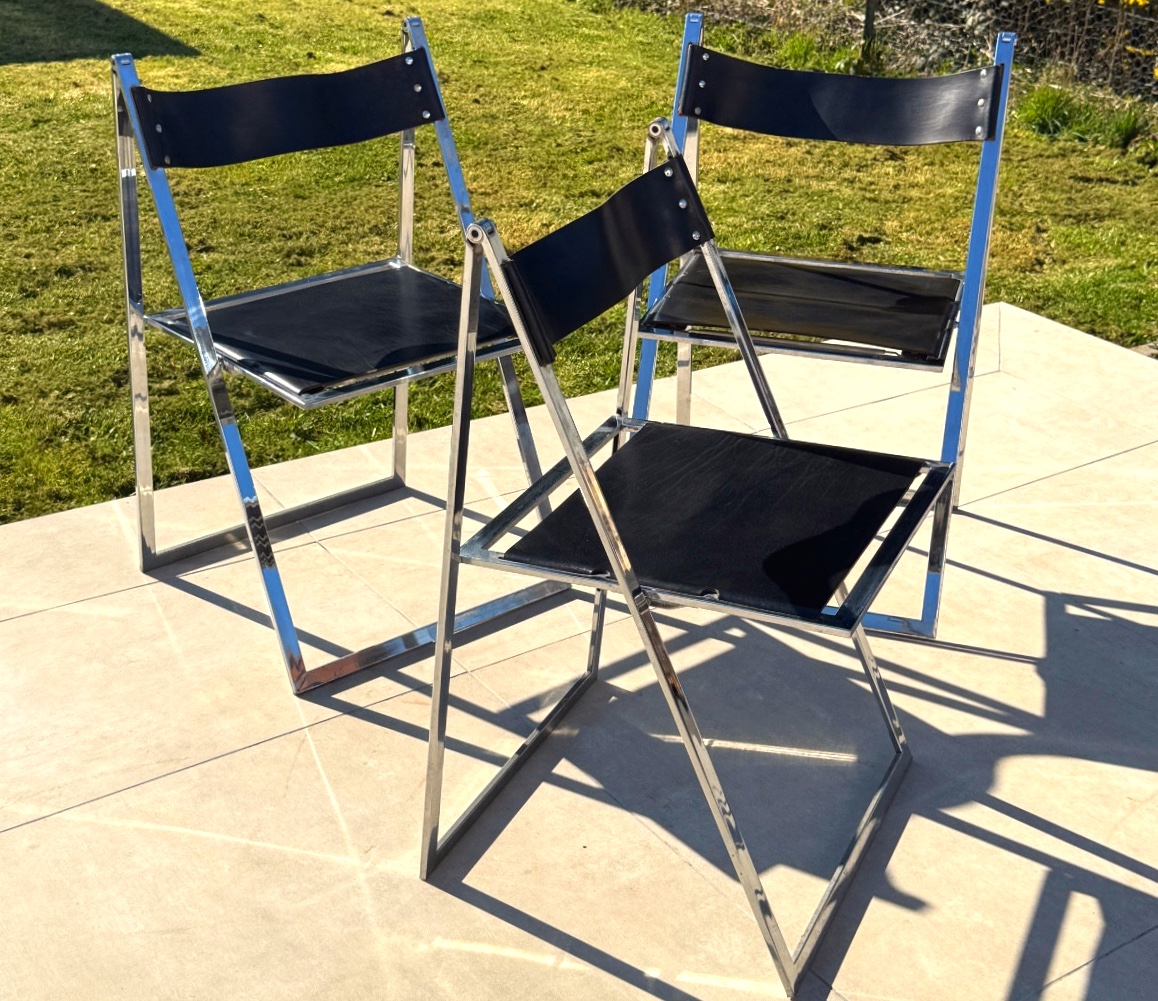 Fontoni & Geraci, Suite De 3 Chaises Chrome Cuir Elios Circa 1970