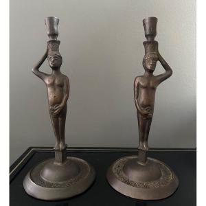 Pair Of Candlesticks In Antique Bronze XIXth