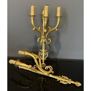 Important Pair Of Empire Style Gilt Bronze Sconces 19th