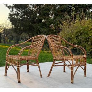 Paire De Fauteuils En Rotin Et Bambou Circa 1960