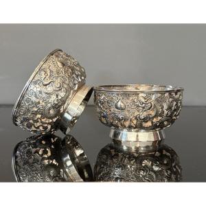 Qui Ji, Wang Hing Et Cie, Pair Of Solid Silver Bowls, Canton Hong Kong Circa 1900