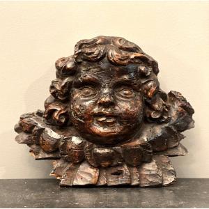 Head Of Angelot In Carved Wood Epoque Eighteenth