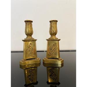 Pair Of Table Candlesticks In Dore Bronze Period 19th
