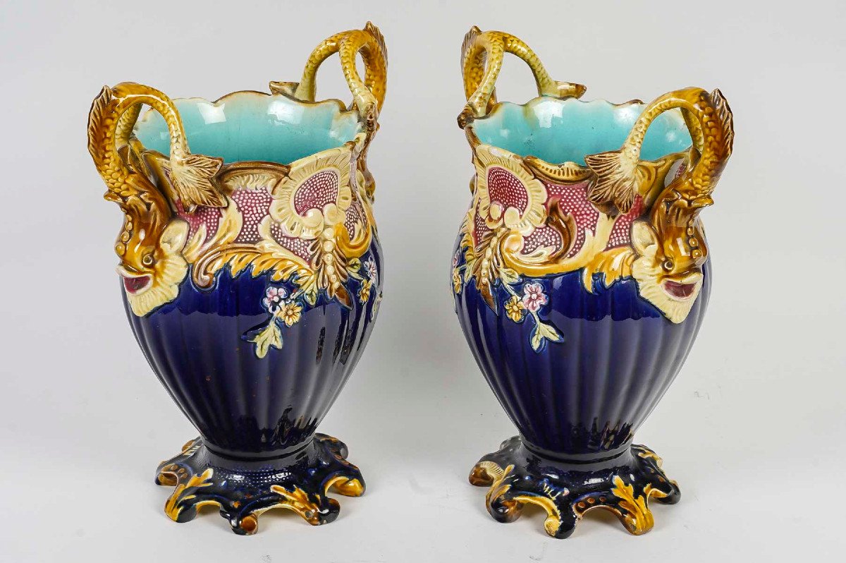 Rare Pair Of French Majolica Vases | Model N°106 | Rococo Style | Marine-inspired | 20th Cent-photo-4