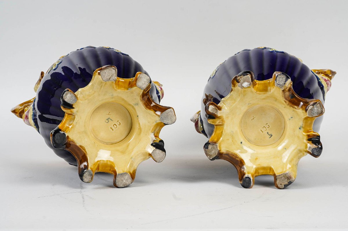 Rare Pair Of French Majolica Vases | Model N°106 | Rococo Style | Marine-inspired | 20th Cent-photo-1