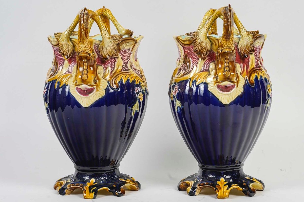 Rare Pair Of French Majolica Vases | Model N°106 | Rococo Style | Marine-inspired | 20th Cent-photo-4