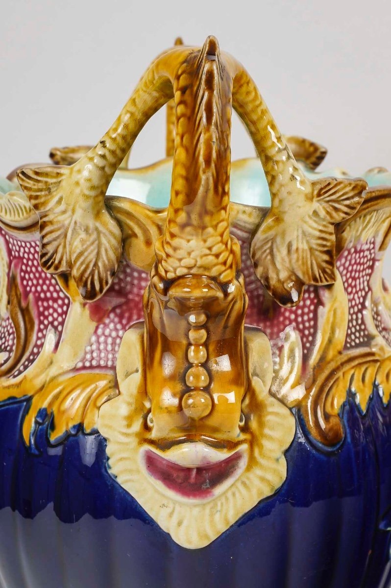 Rare Pair Of French Majolica Vases | Model N°106 | Rococo Style | Marine-inspired | 20th Cent-photo-5