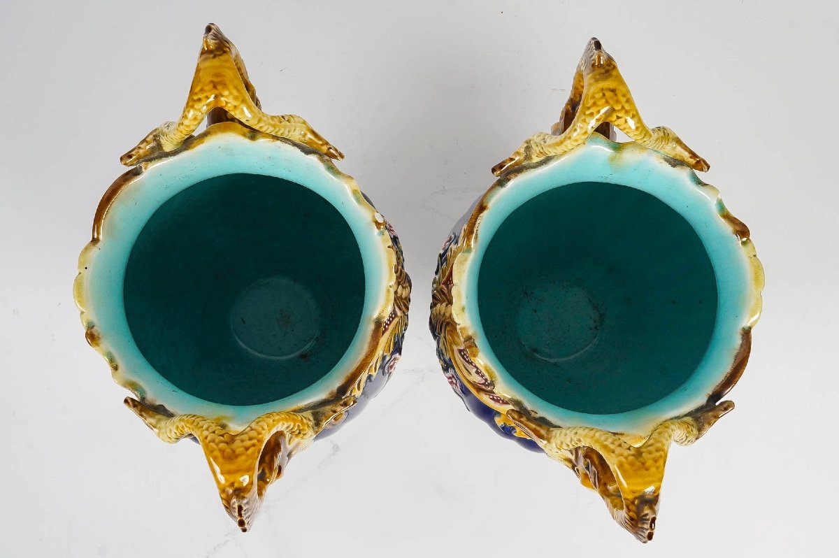 Rare Pair Of French Majolica Vases | Model N°106 | Rococo Style | Marine-inspired | 20th Cent-photo-6