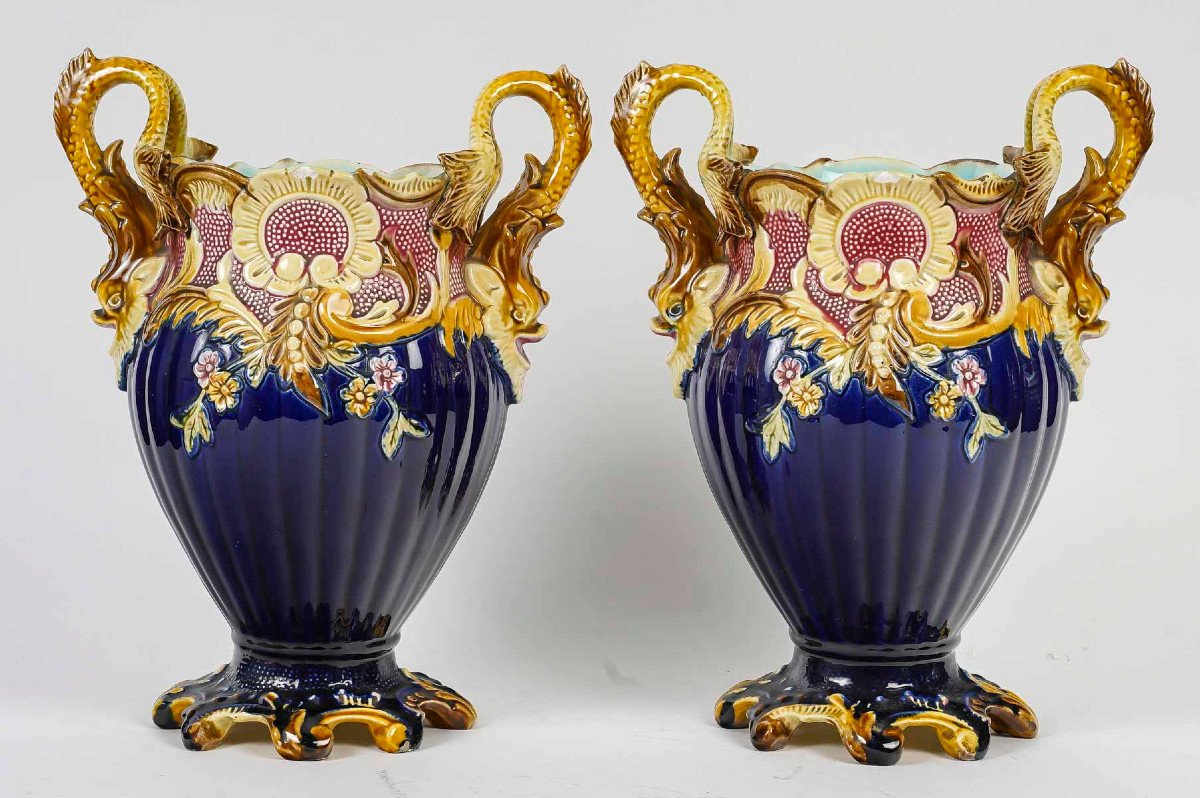 Rare Pair Of French Majolica Vases | Model N°106 | Rococo Style | Marine-inspired | 20th Cent