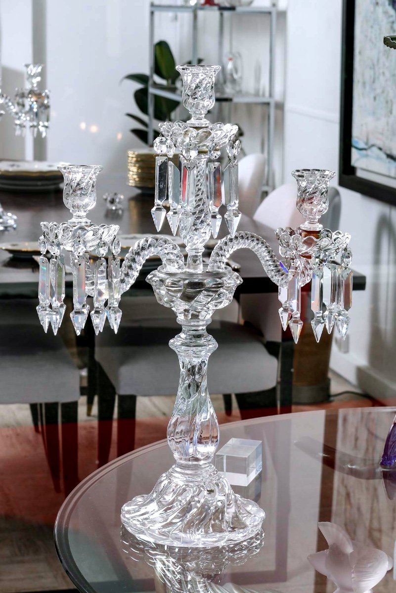 Paire De Candélabres En Cristal Baccarat – 3 Lumières - Excellent État- Signés Baccarat-photo-2