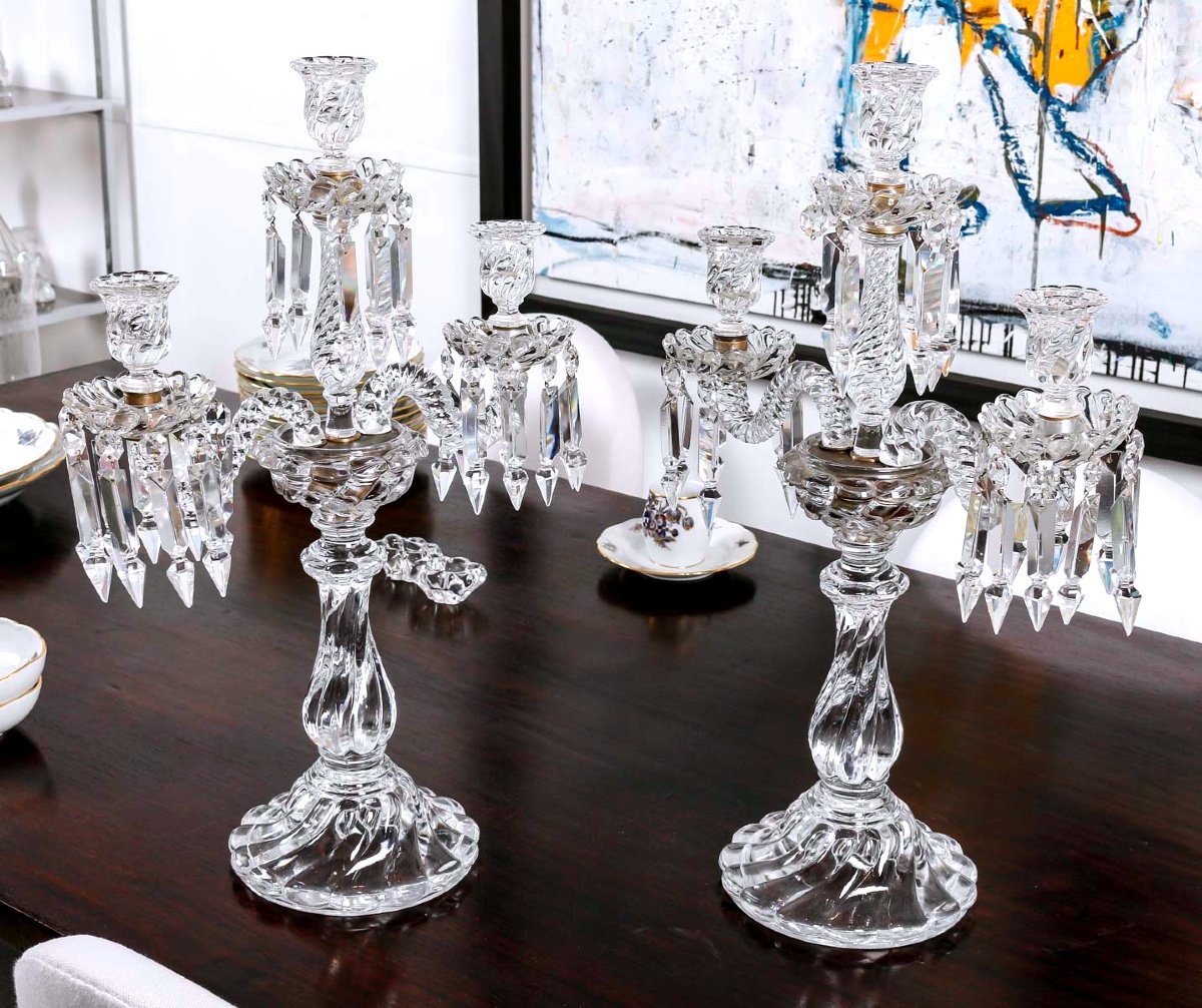 Paire De Candélabres En Cristal Baccarat – 3 Lumières - Excellent État- Signés Baccarat