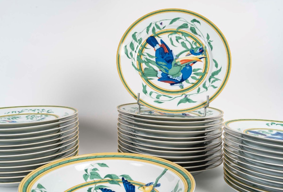 Rare Hermès “toucans” Service In Limoges Porcelain | 1986 | 40 Pieces | For 12 People-photo-4