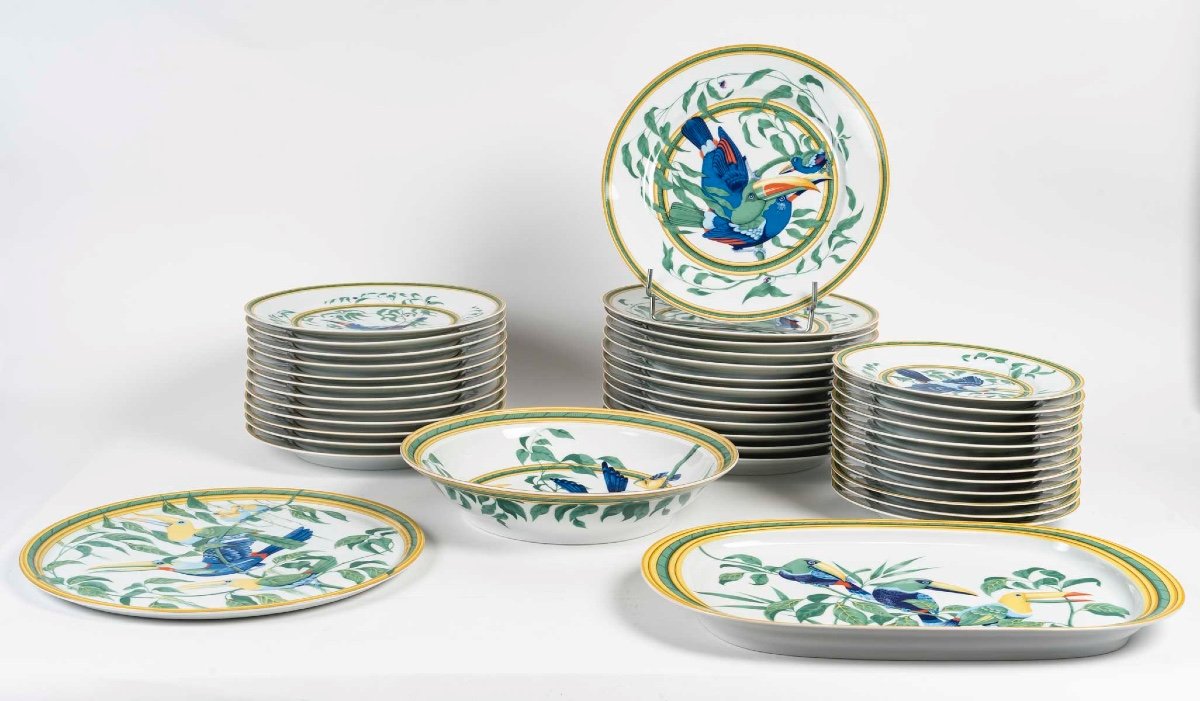 Rare Hermès “toucans” Service In Limoges Porcelain | 1986 | 40 Pieces | For 12 People-photo-2