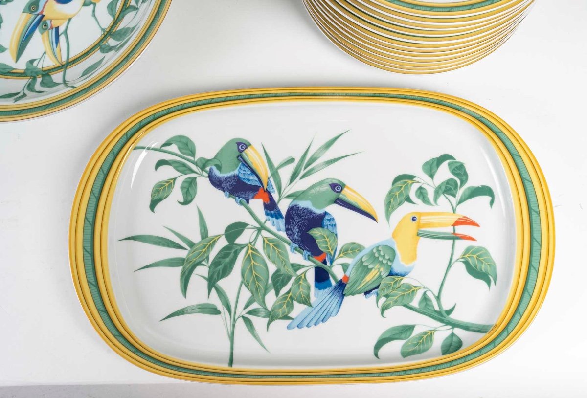 Rare Hermès “toucans” Service In Limoges Porcelain | 1986 | 40 Pieces | For 12 People-photo-3