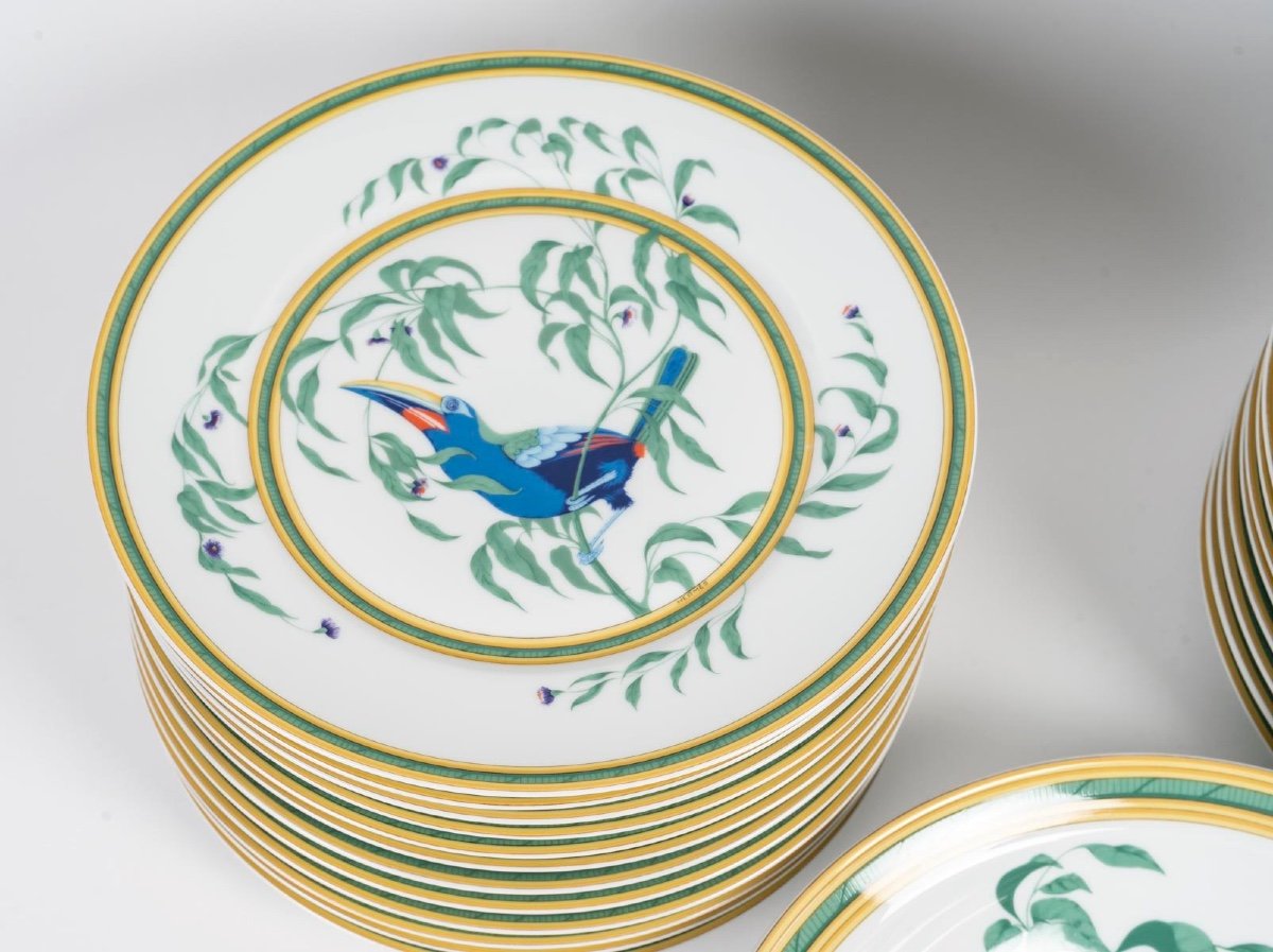 Rare Hermès “toucans” Service In Limoges Porcelain | 1986 | 40 Pieces | For 12 People-photo-5