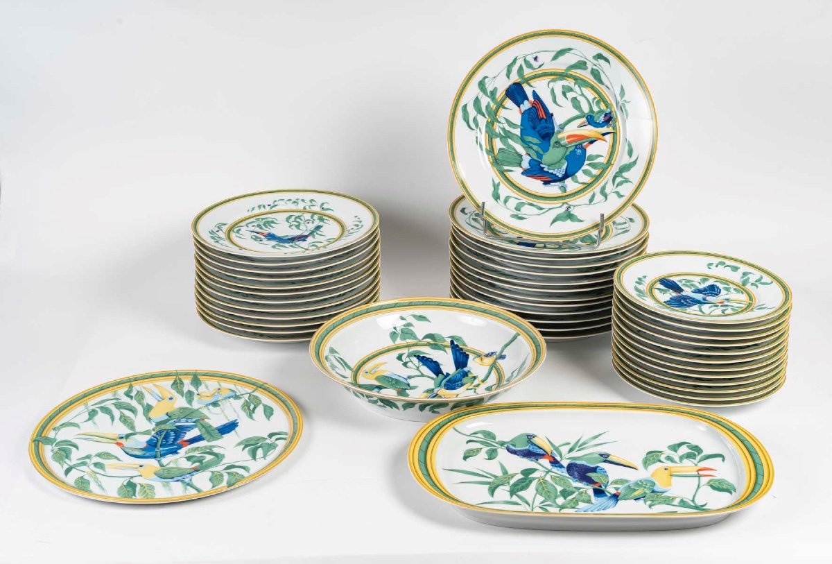 Rare Hermès “toucans” Service In Limoges Porcelain | 1986 | 40 Pieces | For 12 People