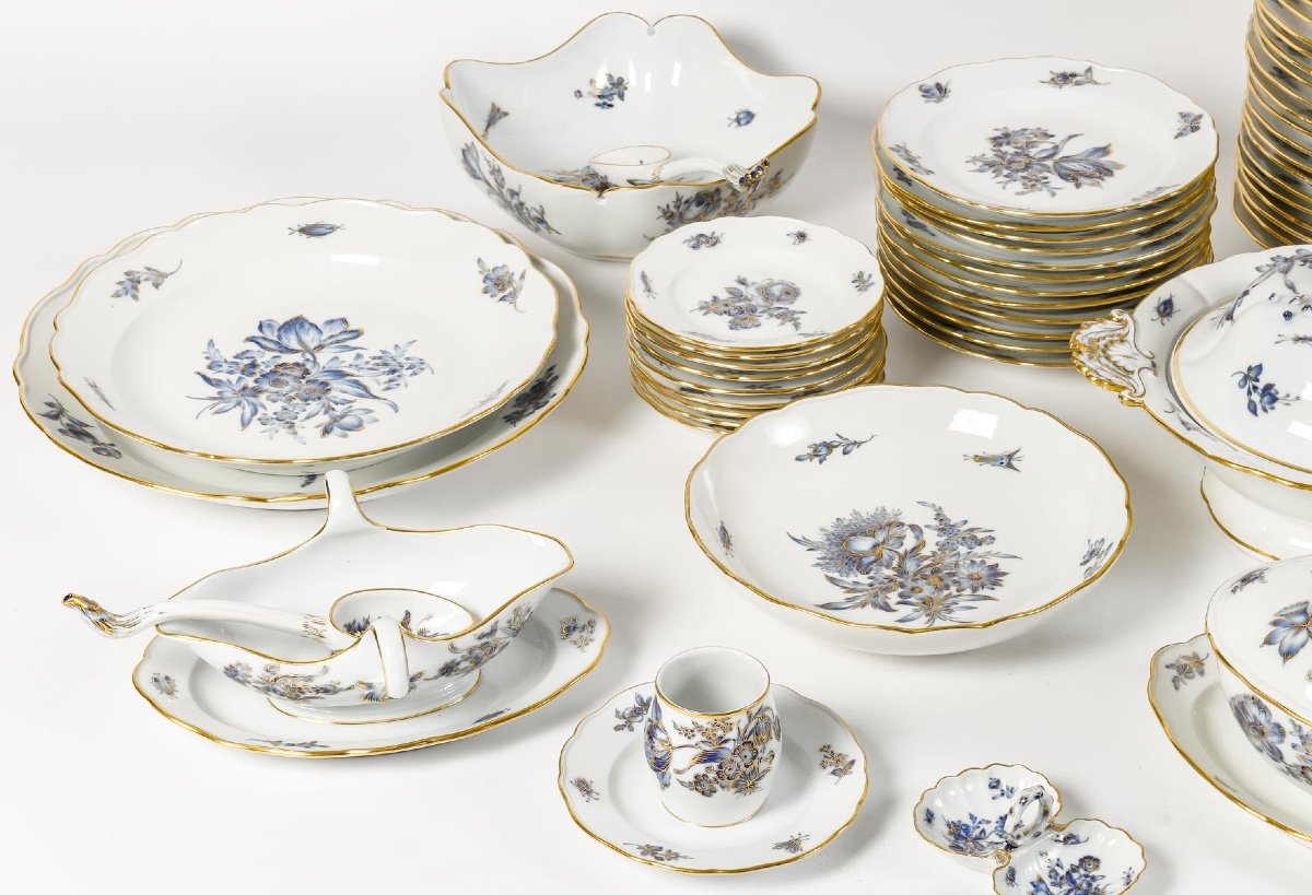 Meissen Porcelain Dinner Set - Blue And Gold Floral Design - 75 Pieces - Circa 1880-photo-3