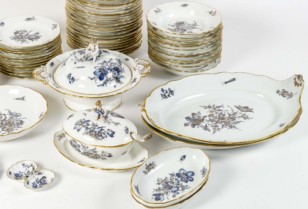 Meissen Porcelain Dinner Set - Blue And Gold Floral Design - 75 Pieces - Circa 1880-photo-4