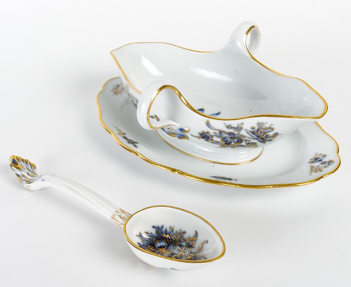 Meissen Porcelain Dinner Set - Blue And Gold Floral Design - 75 Pieces - Circa 1880-photo-4