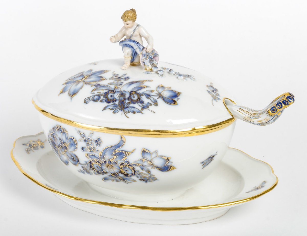 Meissen Porcelain Dinner Set - Blue And Gold Floral Design - 75 Pieces - Circa 1880-photo-6