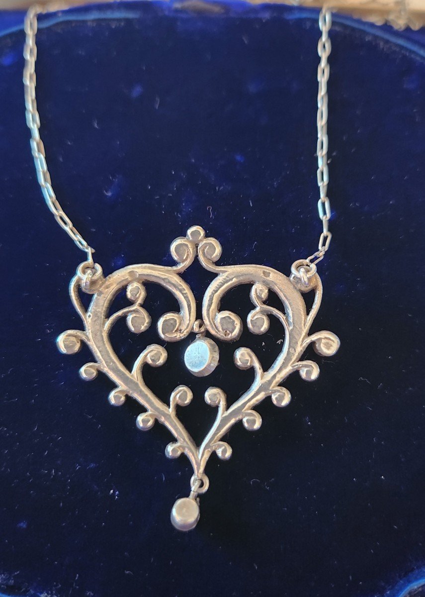 Heart Necklace In Silver And Rhine Stones 19th Century-photo-3