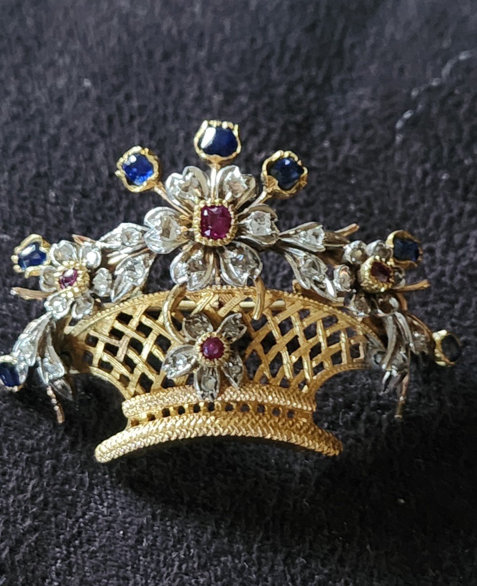 Gold Brooch Flowered Basket Diamonds, Ruby And Sapphire 19th Century-photo-4