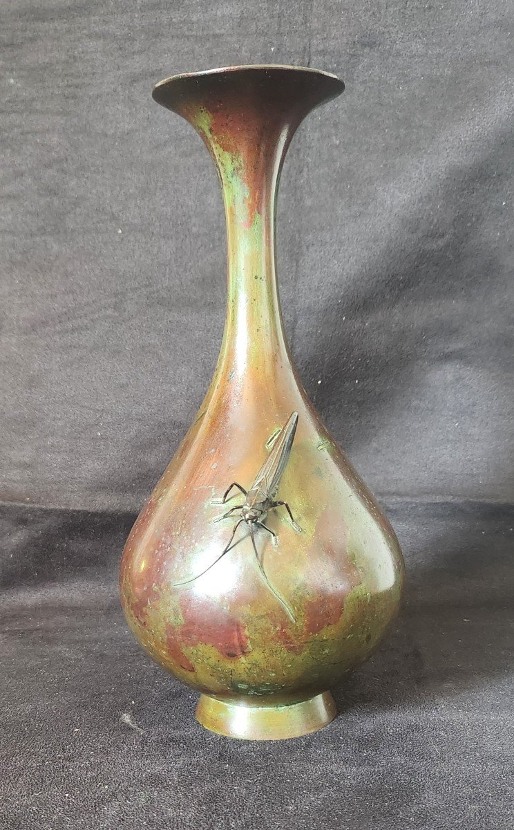 Vase Criquet En Bronze  Patiné Fin 19 Eme Japon