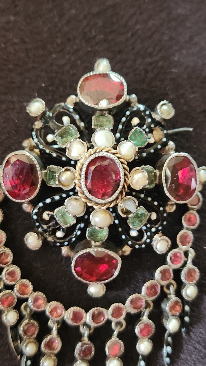 Mobile Brooch Silver, Garnets, Austro Hungarian Email 19th Century -photo-2