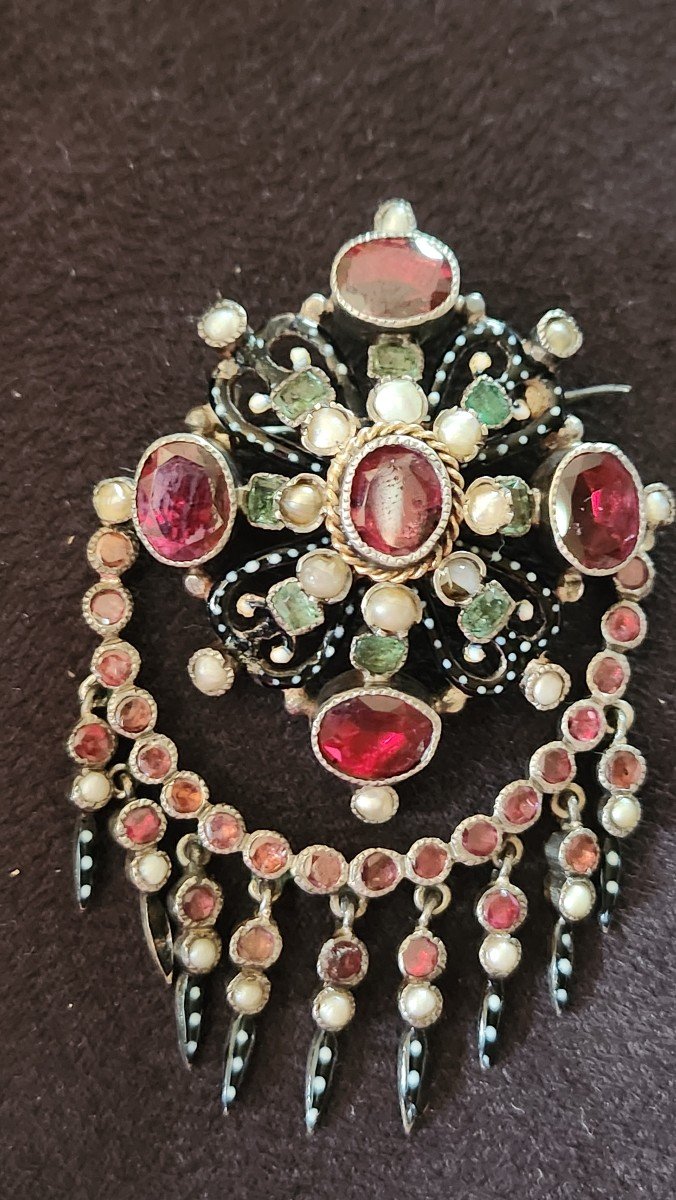 Mobile Brooch Silver, Garnets, Austro Hungarian Email 19th Century -photo-4