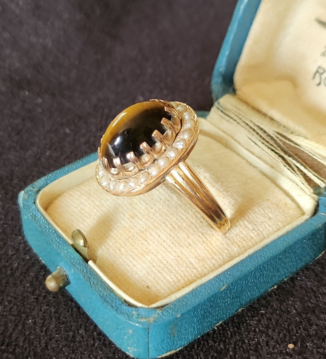 Gold Ring Set With Pearls And Tiger Eye 19th Century -photo-3