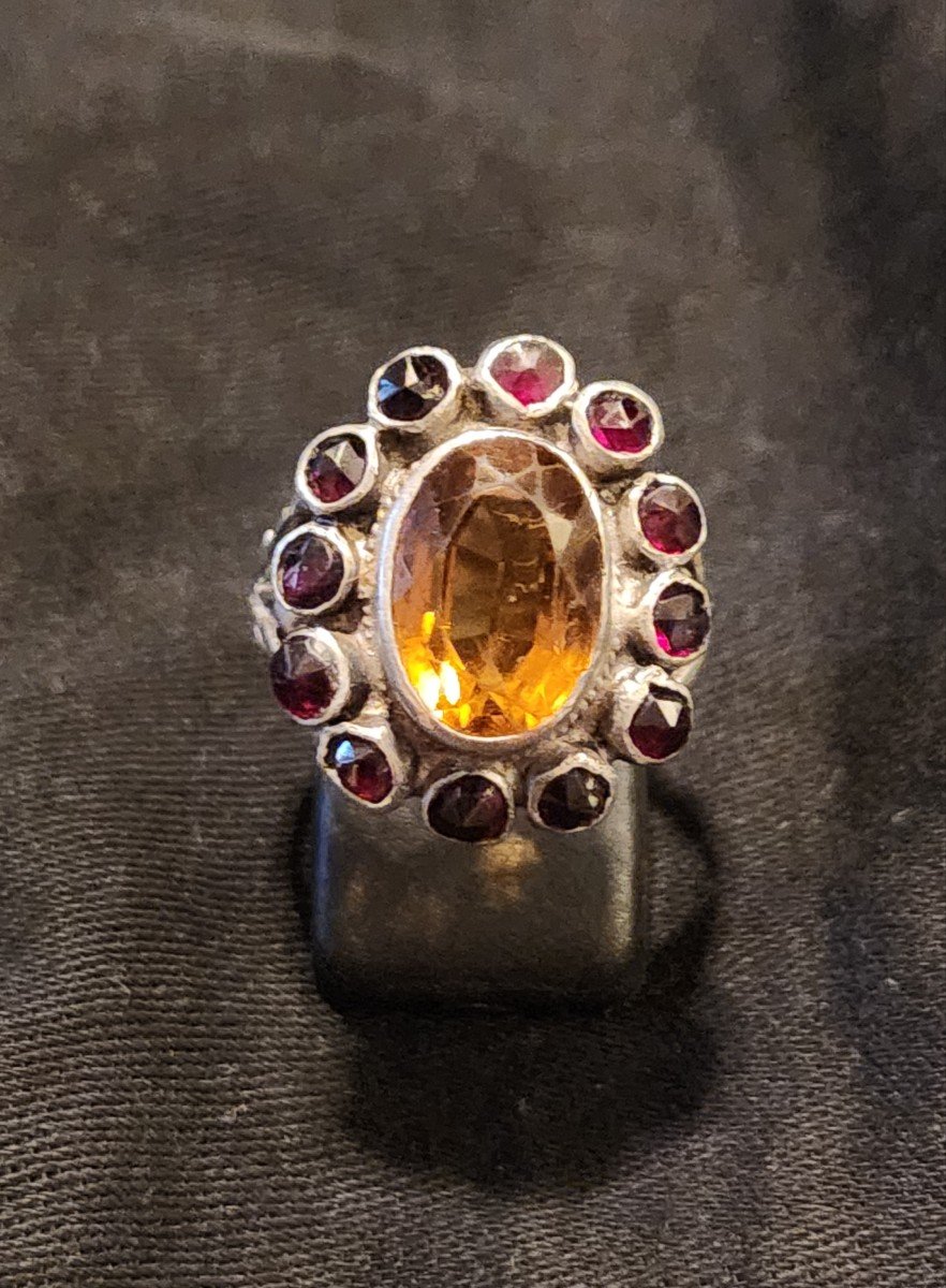 Pompadour Ring In Silver, Garnets And Citrine, Early 19th Century -photo-2