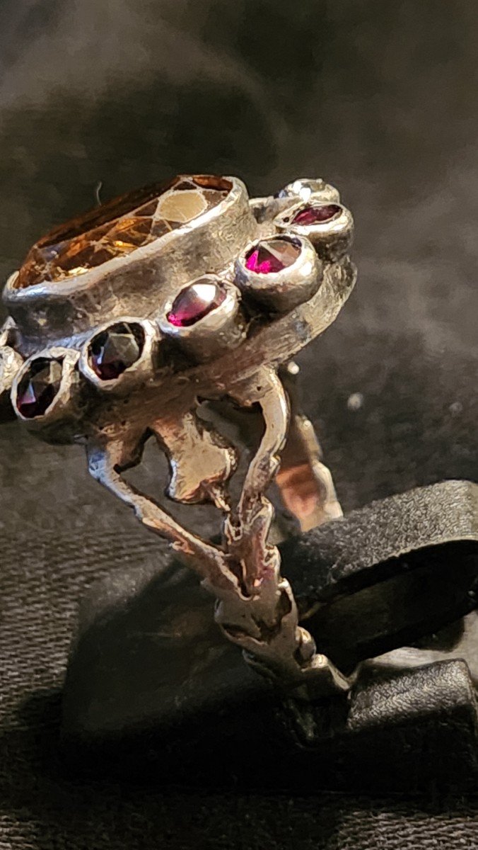 Pompadour Ring In Silver, Garnets And Citrine, Early 19th Century -photo-3