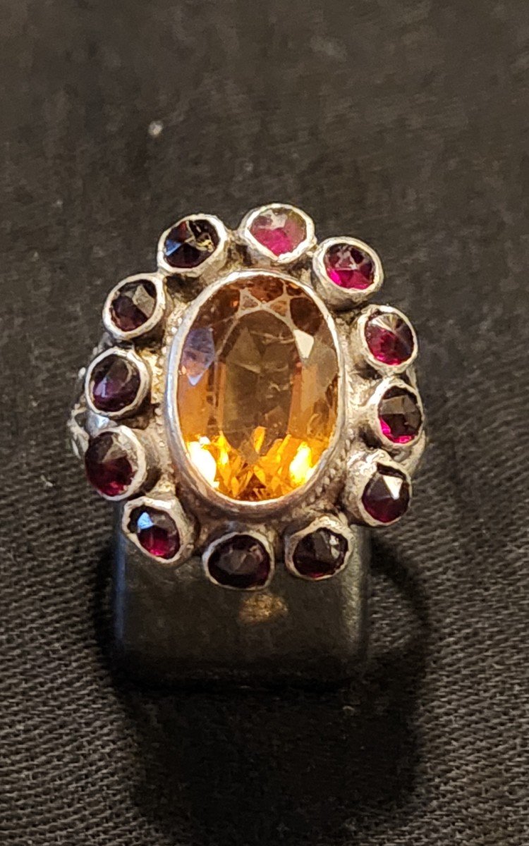 Pompadour Ring In Silver, Garnets And Citrine, Early 19th Century -photo-3