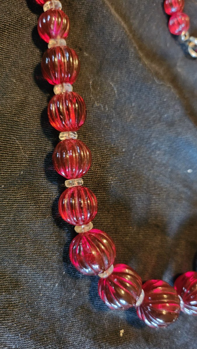 Collier Perle De Cristal "melon" Rouge Grenat Vers 1920-photo-2