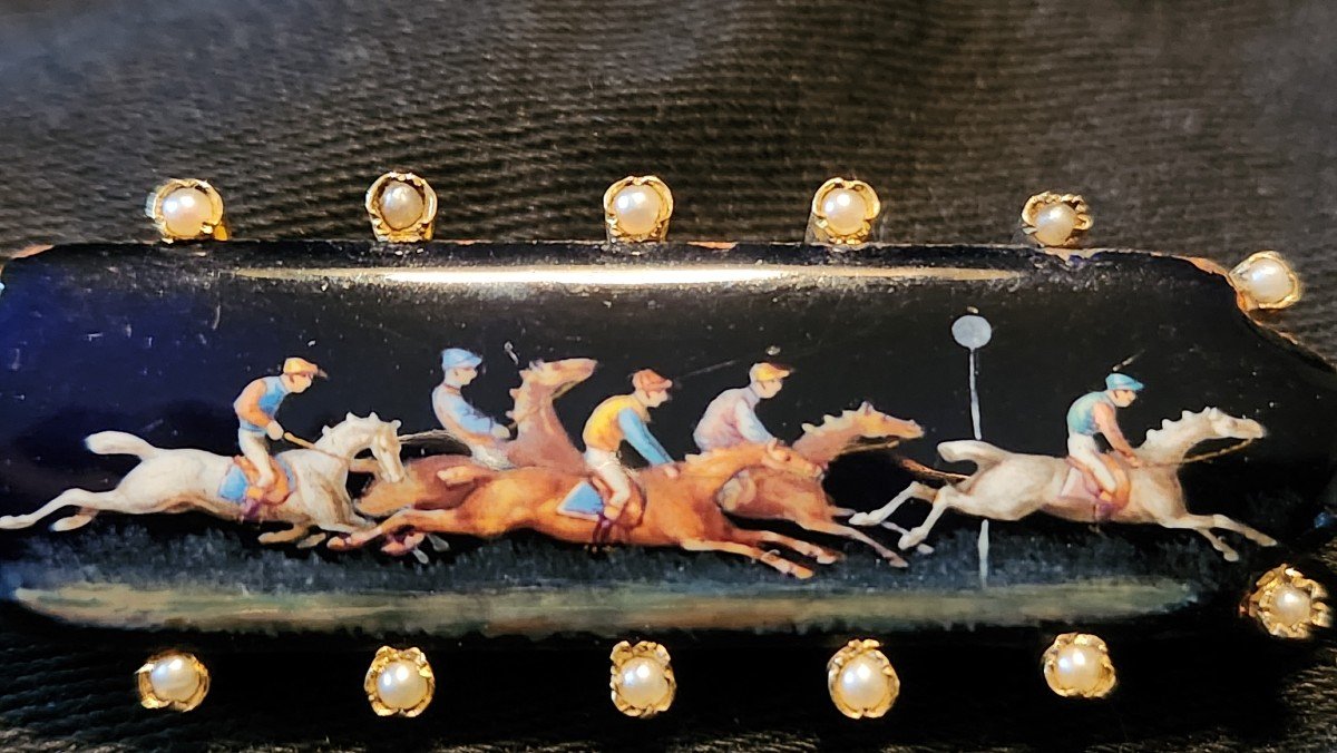 Gold, Pearl And Enamel Horse Racing Brooch -photo-3