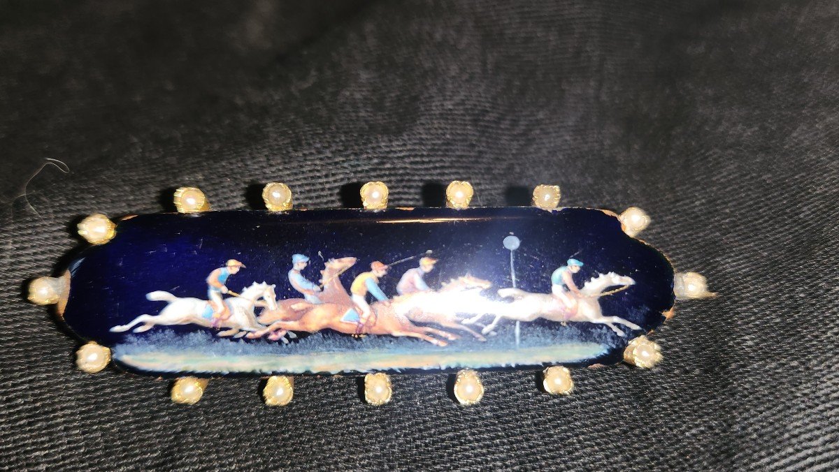 Gold, Pearl And Enamel Horse Racing Brooch -photo-2