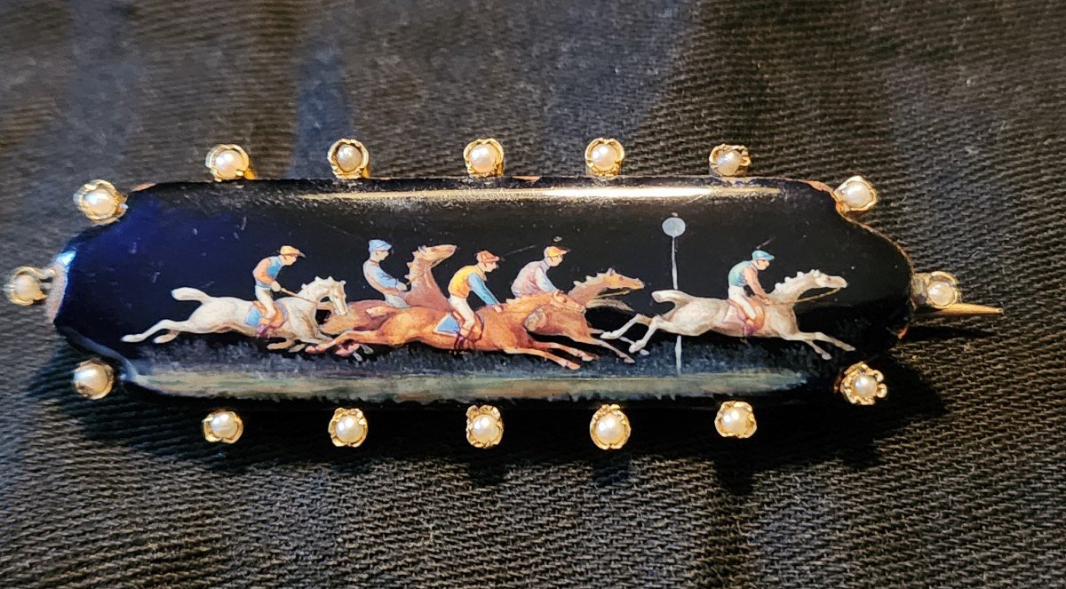 Gold, Pearl And Enamel Horse Racing Brooch 