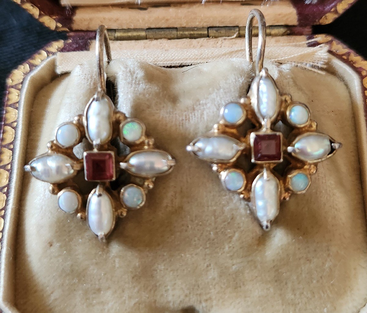 Pair Of Silver, Opal, Garnet And Pearl Earrings-photo-3