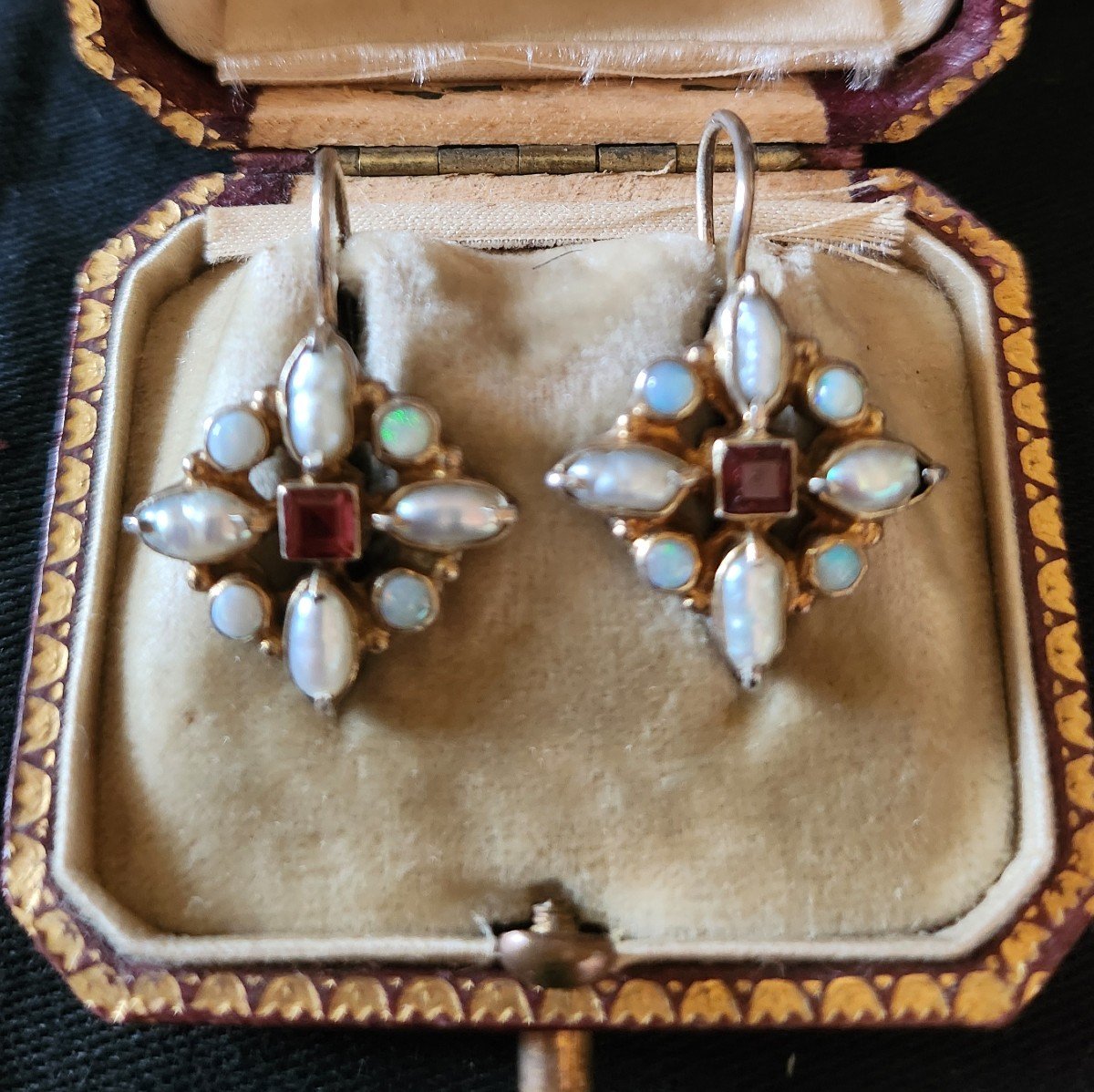 Pair Of Silver, Opal, Garnet And Pearl Earrings